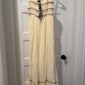 Cream Smocked Maxi Dress with Black Trim